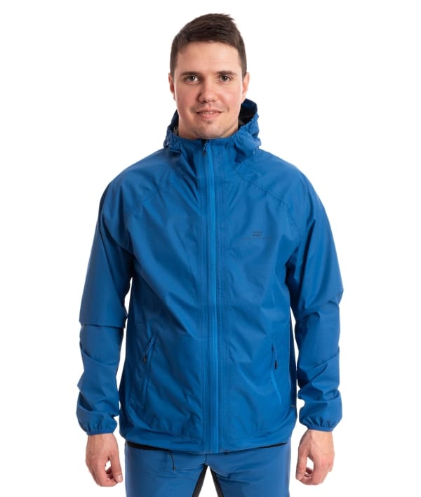 man wearing blue 25 layer jacket