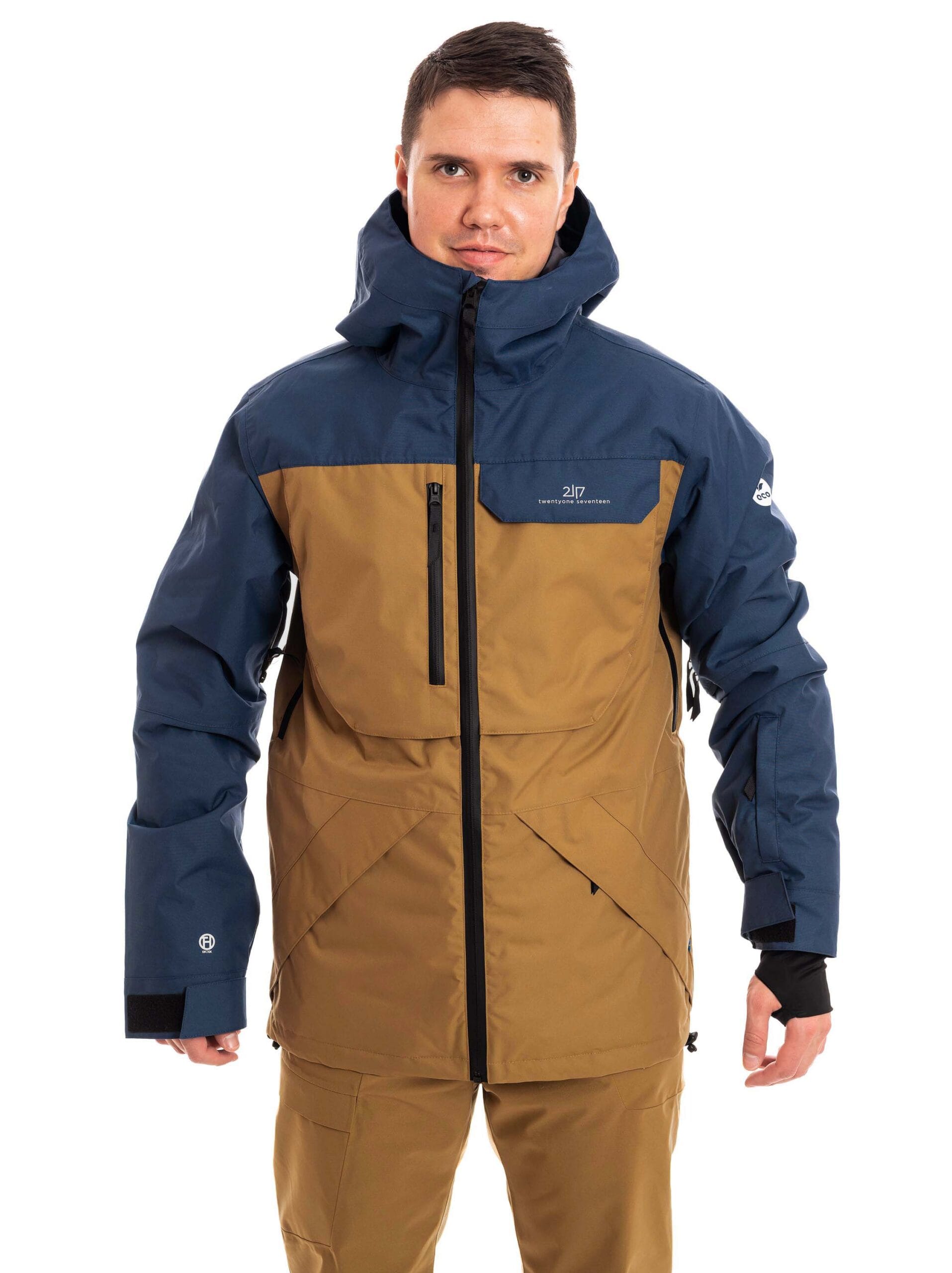 man wearing navy gold brown colorblock light padded ski jacket 1
