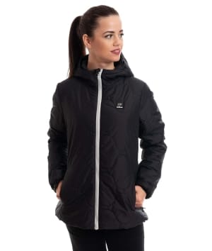 woman wearing black light padded jacket 1