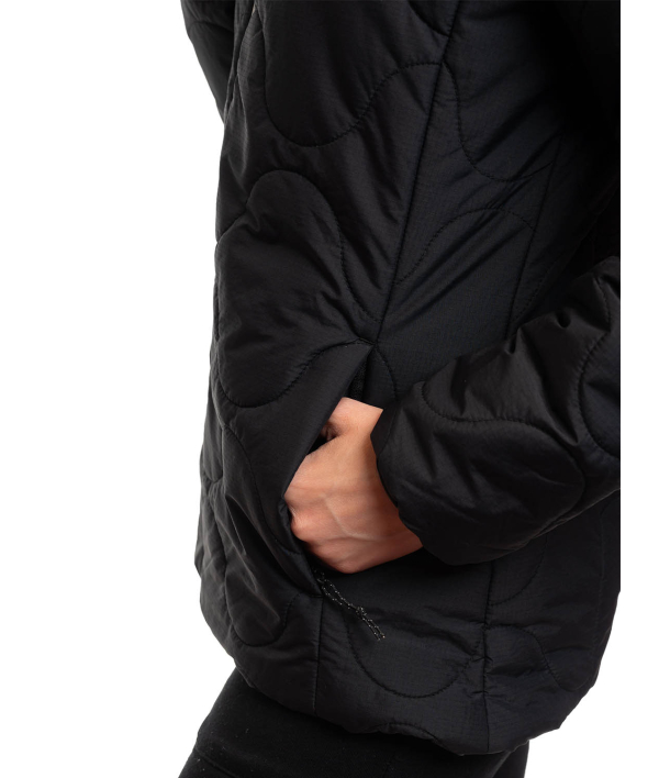 woman wearing black light padded jacket pocket 1