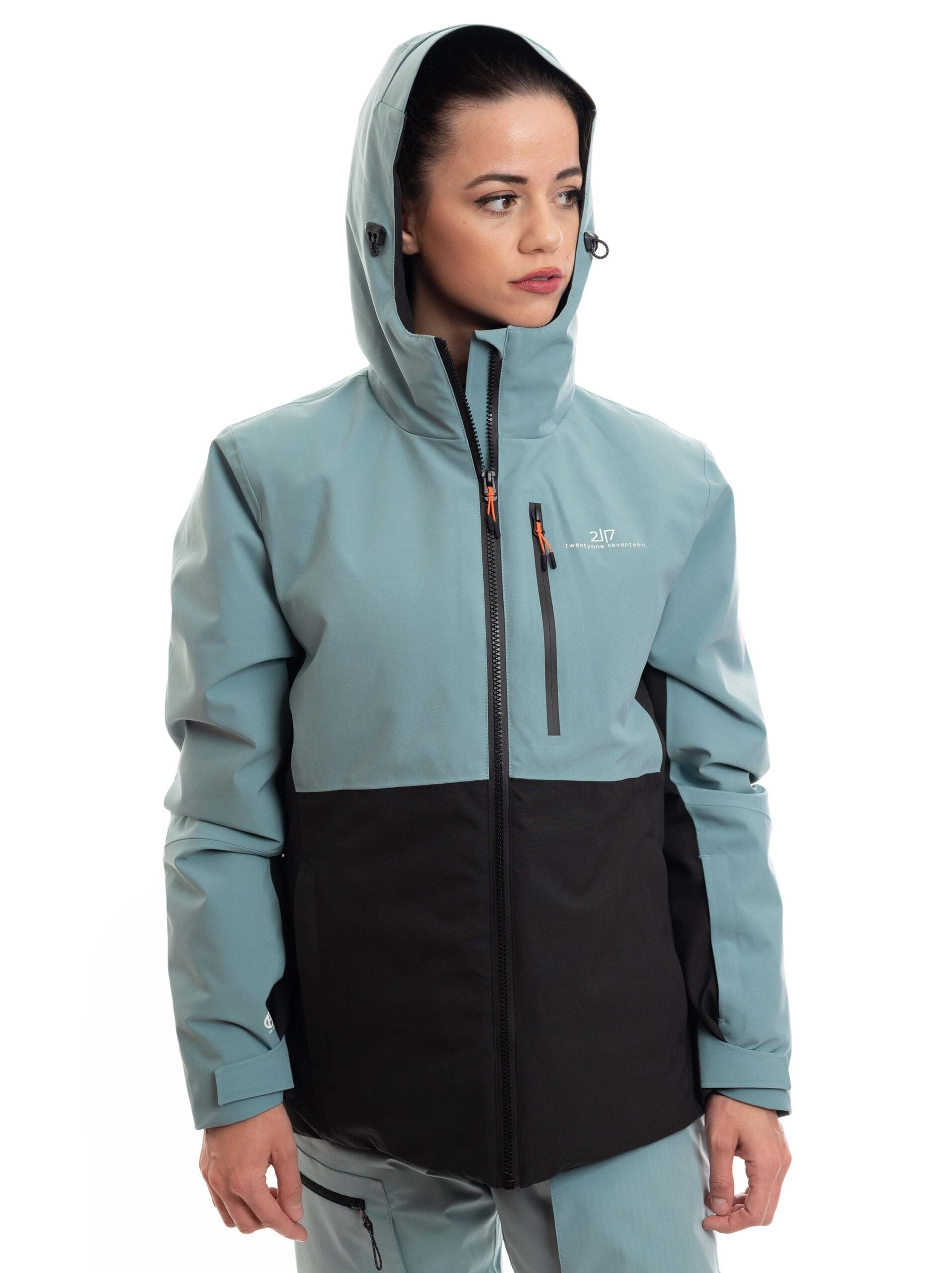 woman wearing dk mint black colorblock light padded ski jacket