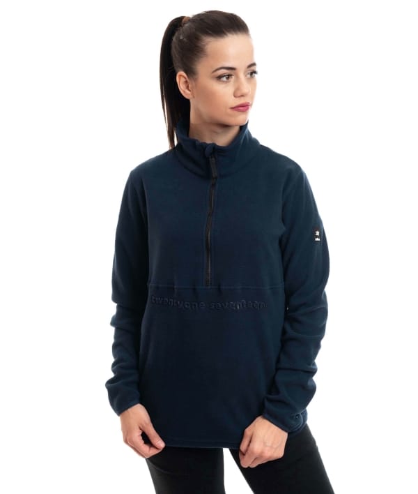 woman wearing navy fleece sweater 1