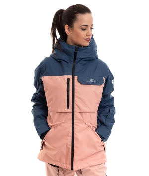 woman wearing pink navy colorblock light padded ski jacket