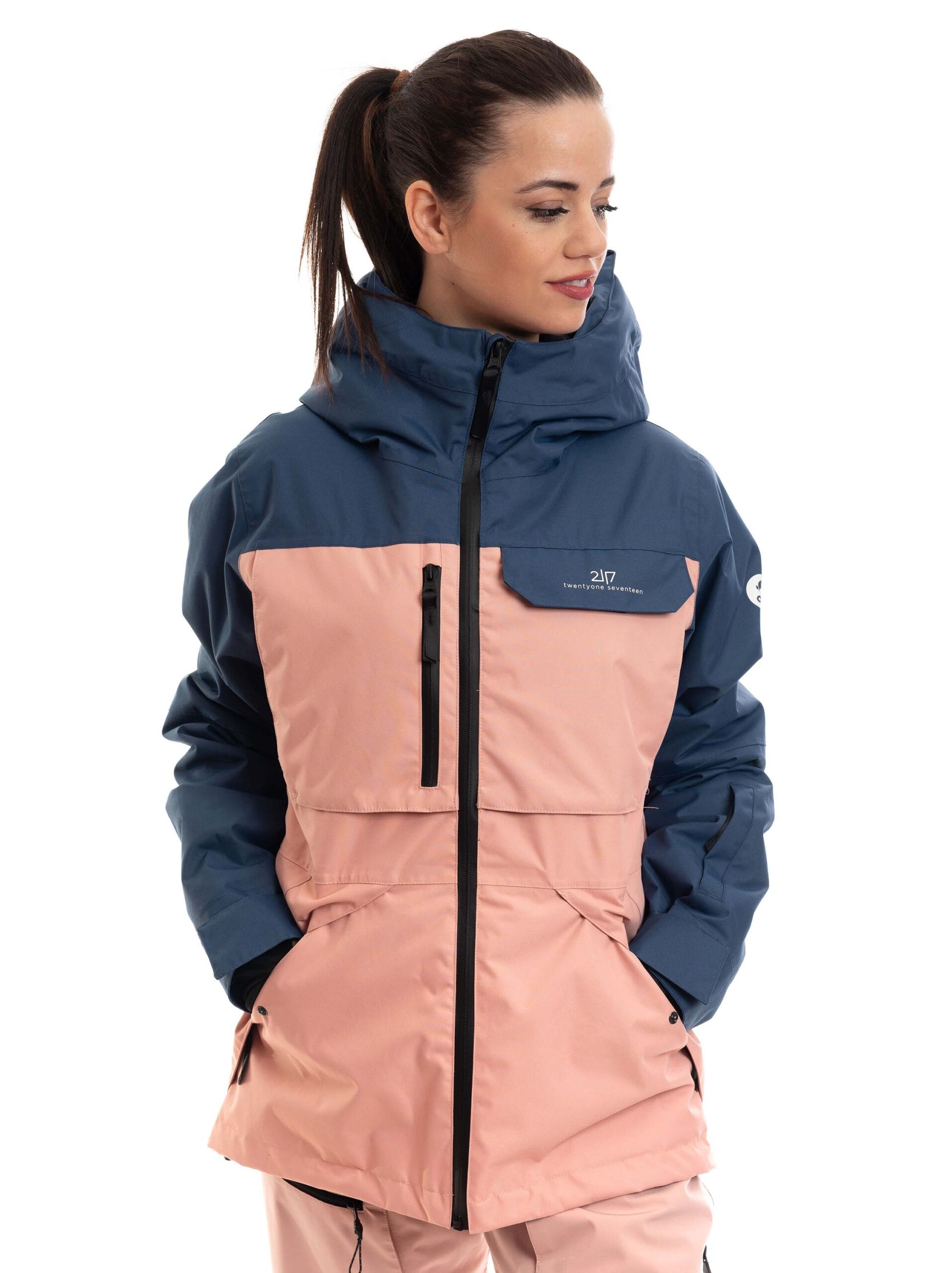 woman wearing pink navy colorblock light padded ski jacket